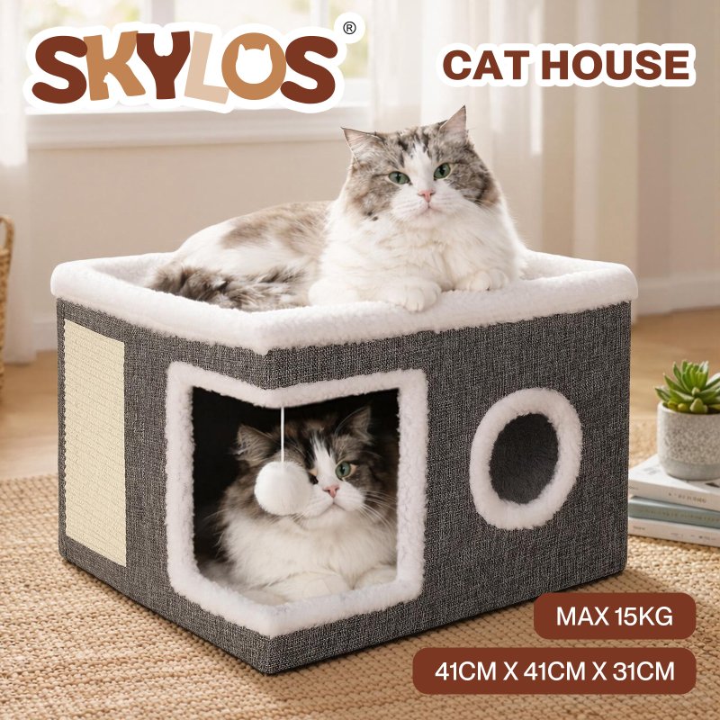 Skylos Cat House Indoor Cat Cave with Scratch Pad Fluffy Ball Pet Bed Foldable