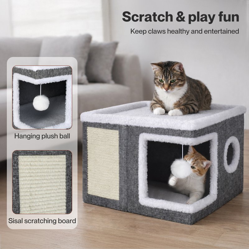 Skylos Cat House Indoor Cat Cave with Scratch Pad Fluffy Ball Pet Bed Foldable