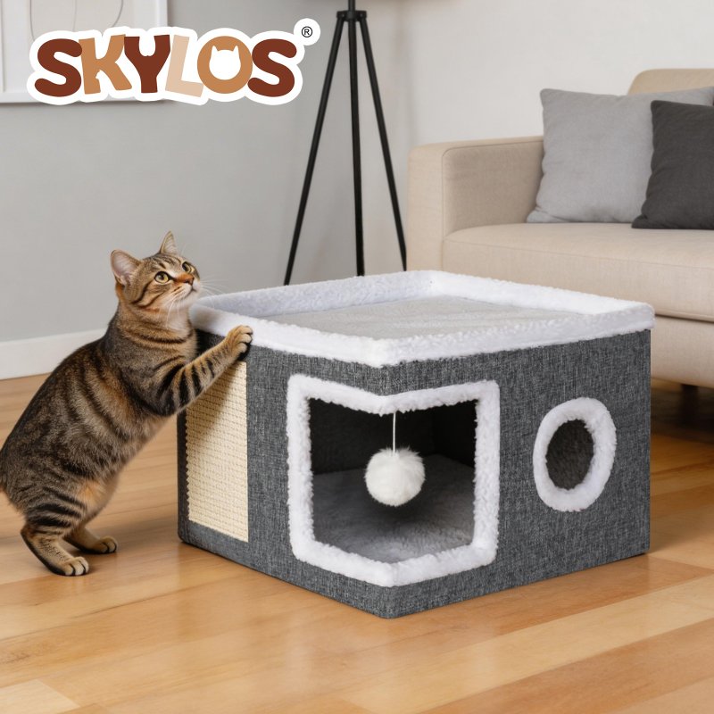 Skylos Cat House Indoor Cat Cave with Scratch Pad Fluffy Ball Pet Bed Foldable
