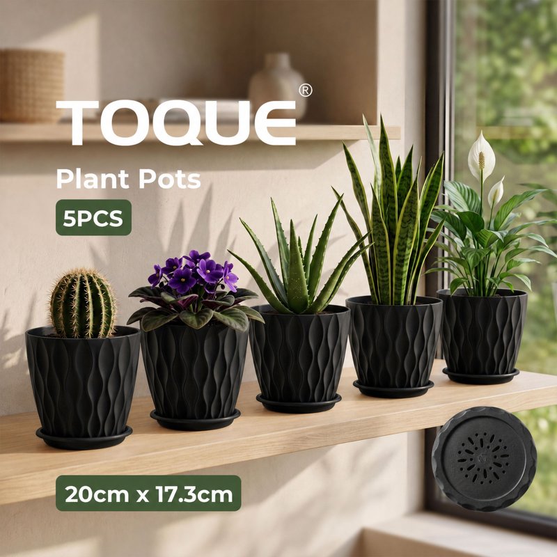 TOQUE Plant Pots,5Pc 20cm Plant Pots Indoor,Drainage,PP Plastic,Black