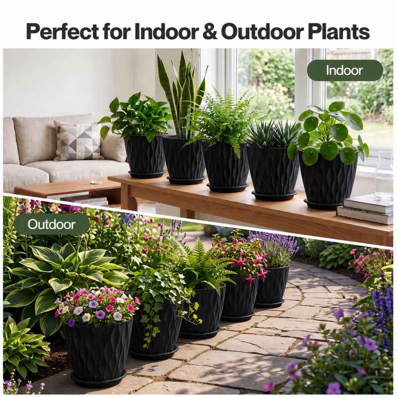 TOQUE Plant Pots,5Pc 20cm Plant Pots Indoor,Drainage,PP Plastic,Black
