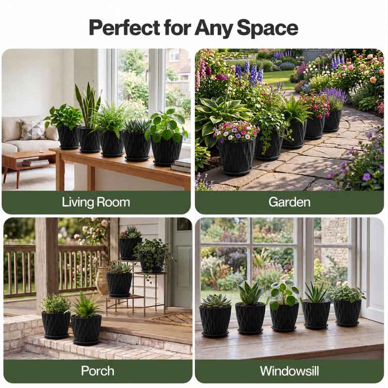 TOQUE Plant Pots,5Pc 20cm Plant Pots Indoor,Drainage,PP Plastic,Black