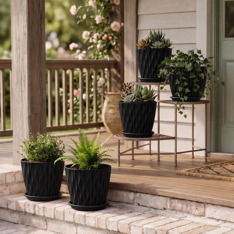 TOQUE Plant Pots,5Pc 20cm Plant Pots Indoor,Drainage,PP Plastic,Black