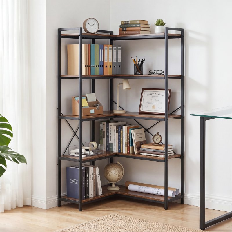 Levede Corner Bookcase 5-Tier L-Shaped Bookshelf Space-Saving Spice Walnut Black Metal