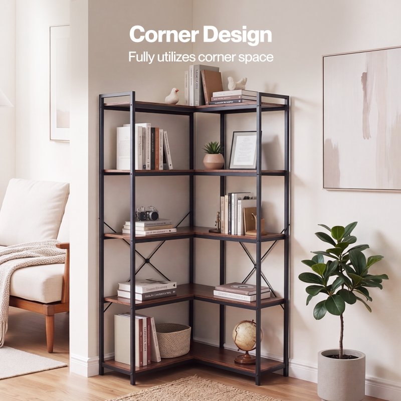 Levede Corner Bookcase 5-Tier L-Shaped Bookshelf Space-Saving Spice Walnut Black Metal