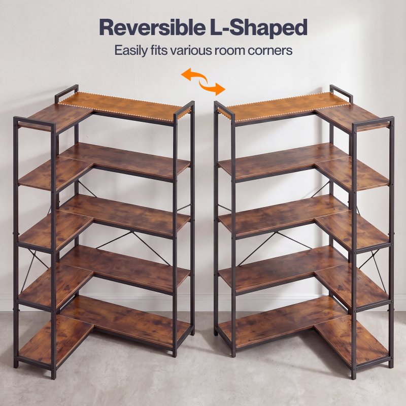 Levede Corner Bookcase 5-Tier L-Shaped Bookshelf Space-Saving Spice Walnut Black Metal