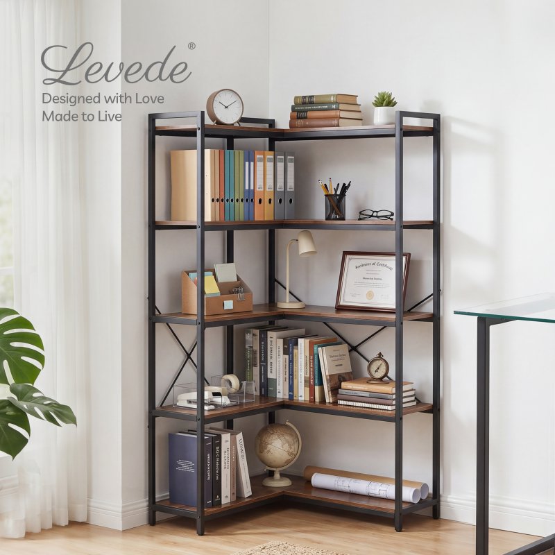 Levede Corner Bookcase 5-Tier L-Shaped Bookshelf Space-Saving Spice Walnut Black Metal