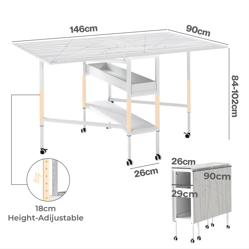 Levede Sewing Table Foldable Craft With Grid Adjustable Height Storage Black