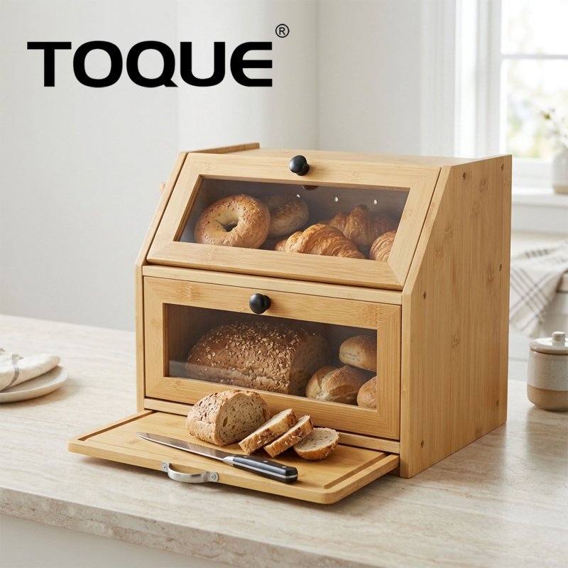 TOQUE 33L Bamboo Bread Bin with Cutting Board Bread Storage Box Natural