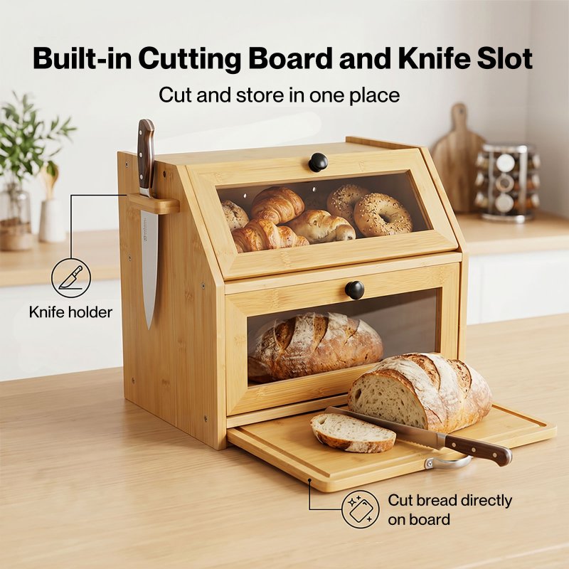 TOQUE 33L Bamboo Bread Bin with Cutting Board Bread Storage Box Natural