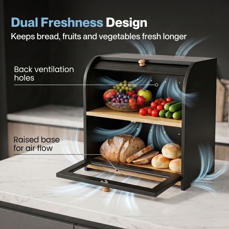 Bread Box 2-Tier Large Capacity Roll Top Black Bamboo Acrylic Door