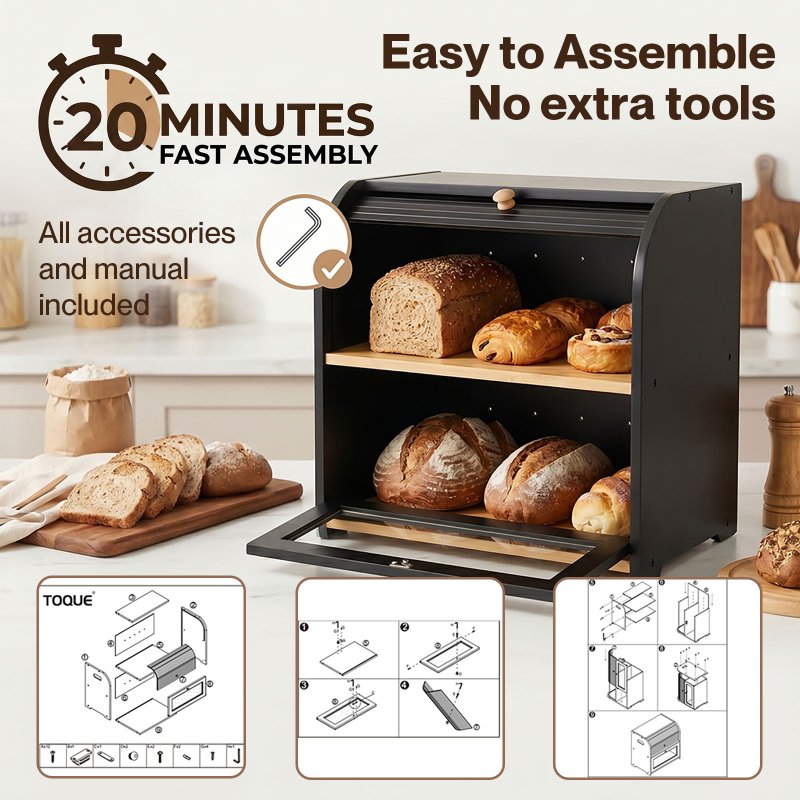 Bread Box 2-Tier Large Capacity Roll Top Black Bamboo Acrylic Door