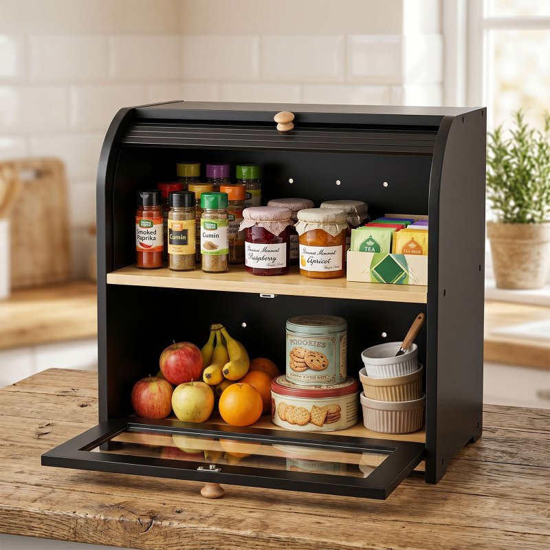 Bread Box 2-Tier Large Capacity Roll Top Black Bamboo Acrylic Door