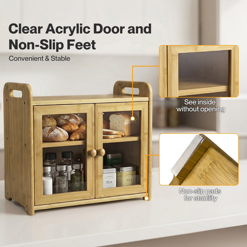 TOQUE Bread Box 20L 2-Tier Bamboo Bread Bin Storage Acrylic Door Natural