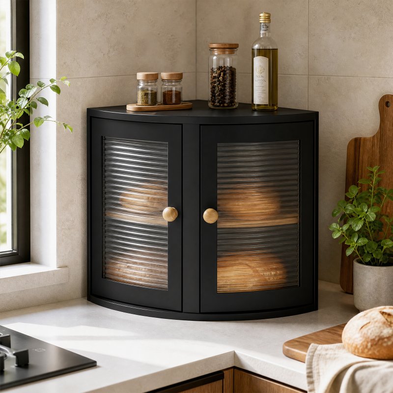 Bread Bin Corner Bread Bin for Kitchen Double-Layer Bamboo Box Black
