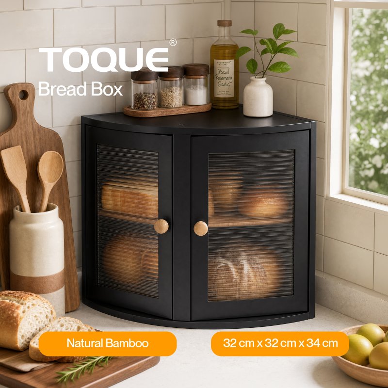 Bread Bin Corner Bread Bin for Kitchen Double-Layer Bamboo Box Black