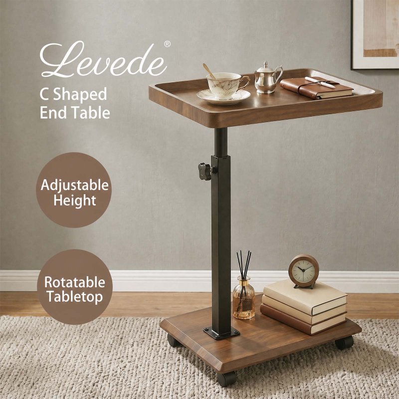 Levede C Shaped Side Table Height Adjustable Rolling 360° Swivel Top End Table