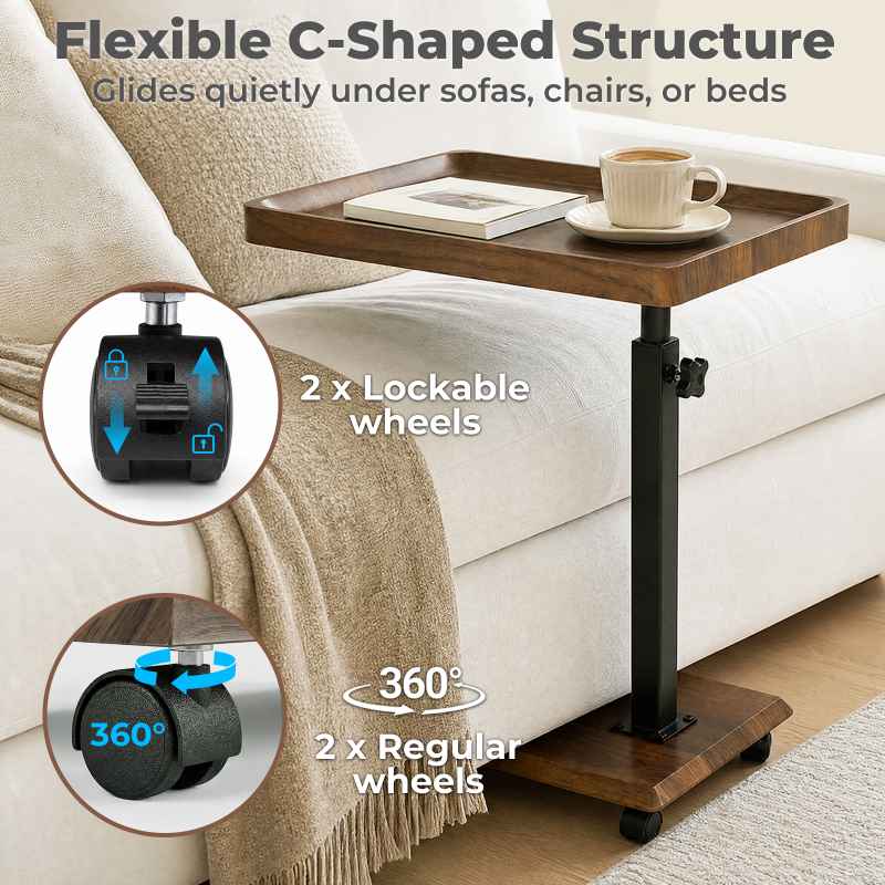 Levede C Shaped Side Table Height Adjustable Rolling 360° Swivel Top End Table