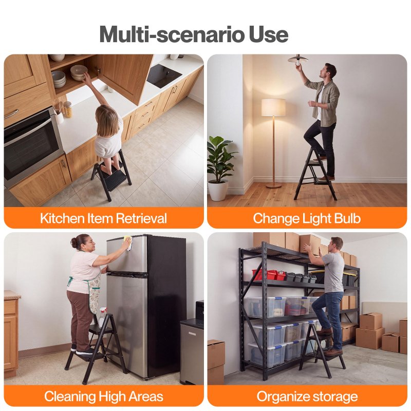 Traderight Small Step Ladder Foldable 150KG Carbon Steel Kitchen Steps Black