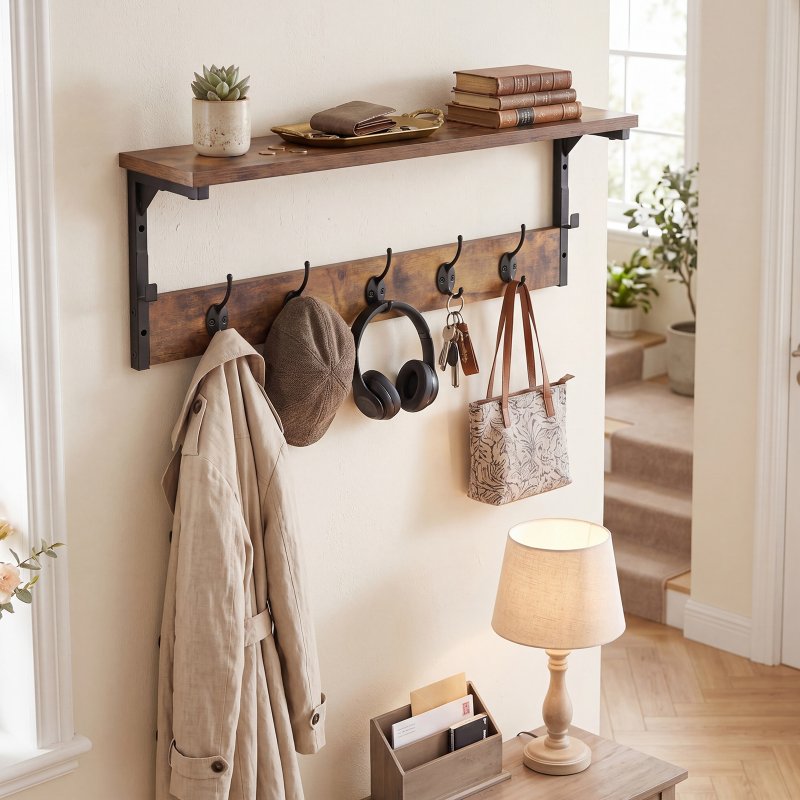 Levede Coat Rack Wall Mounted Shelf 7 Hooks Heavy Duty Entryway Storage Brown