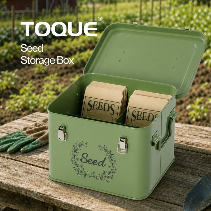 TOQUE Seed Storage Box Organiser 3 Compartment Metal Seed Storage Green