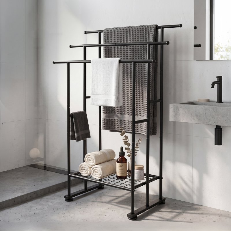 Levede Towel Rail Metal Rack With Basket 3-Tier Storage Anti-Slip Foot Black