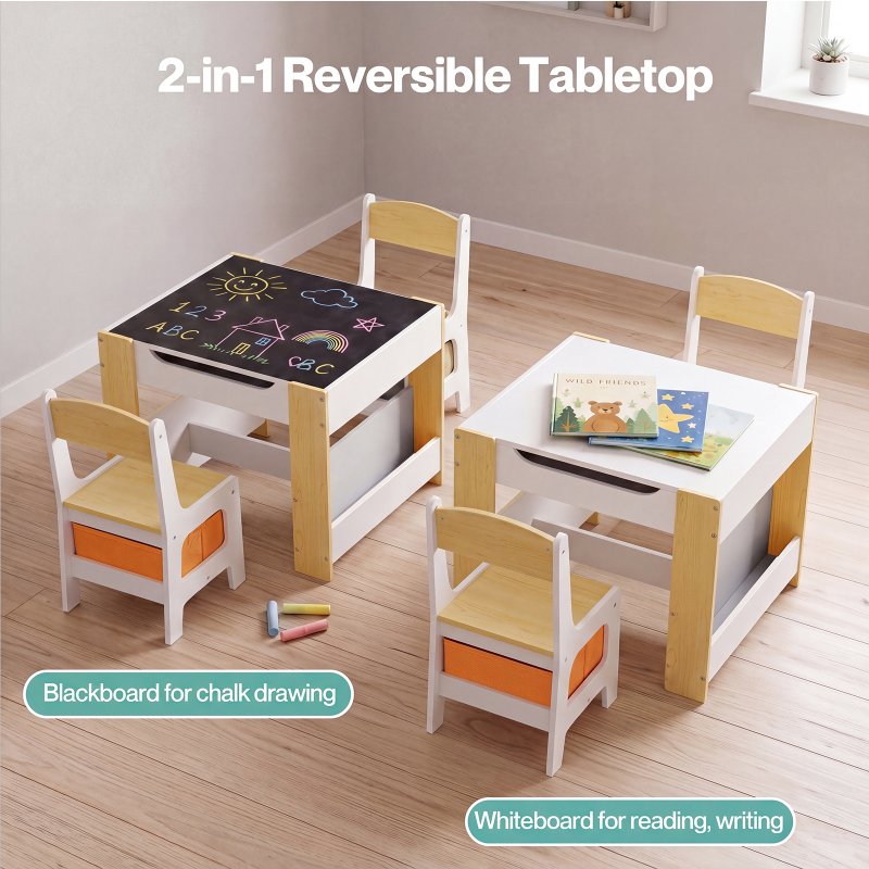 Dekko Kids Table and Chairs Set 2-in-1 Flip Top Storage Activity Play Study Grey