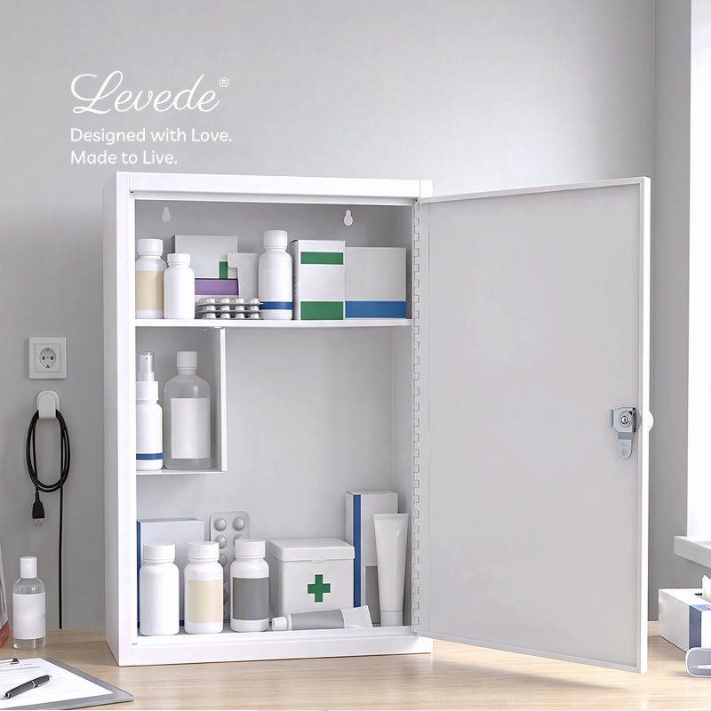Levede Medicine Storage Box Lockable Steel Wall Cabinet 3-Tier White For Home Use