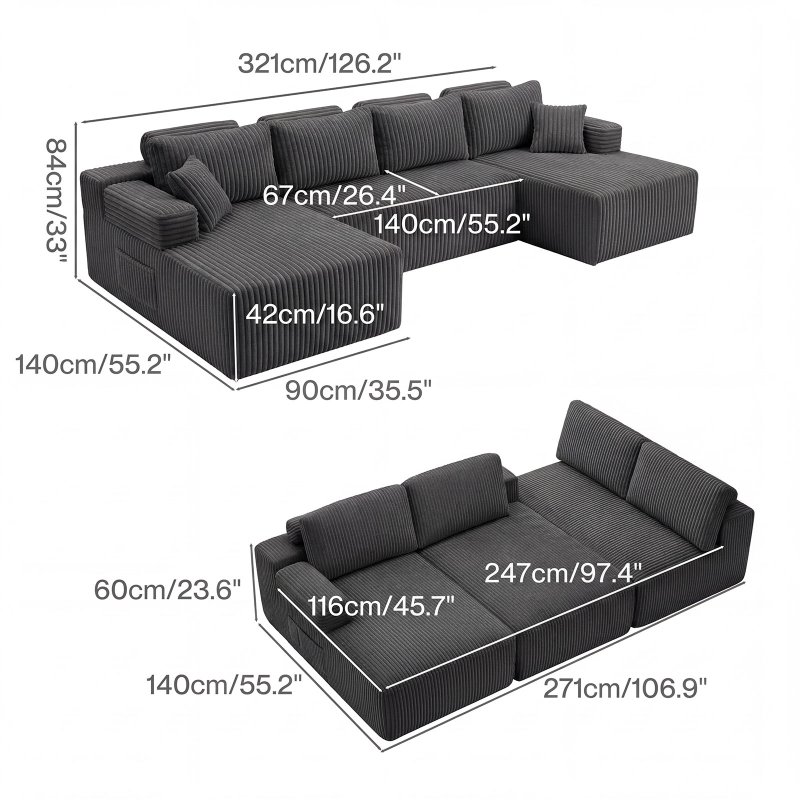 Levede Modular Sectional Sofa U Shaped Memory Foam Corduroy Boneless Couches