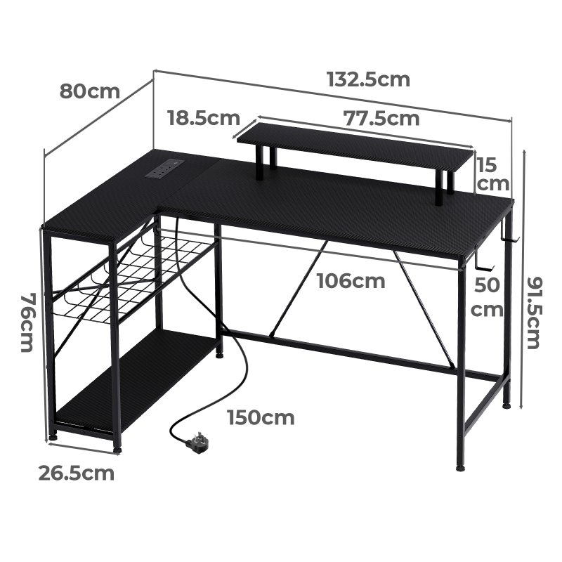 Levede L-Shaped Gaming Desk Computer Table with RGB Lights Power Outlets 132.5CM