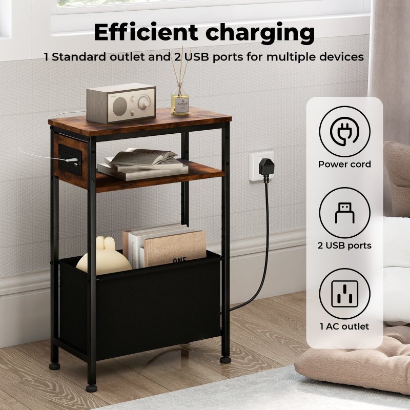 Slim Side Table with Charging Station Storage Narrow End Table Sofa Living Room
