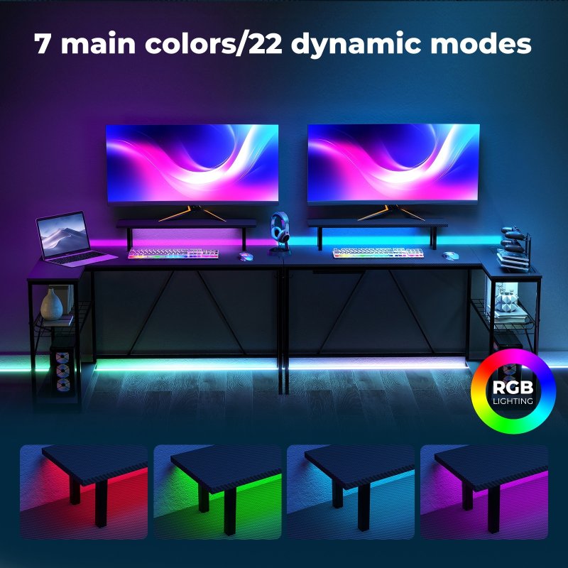 Levede L-Shaped Gaming Desk Computer Table with RGB Lights Power Outlets 132.5CM