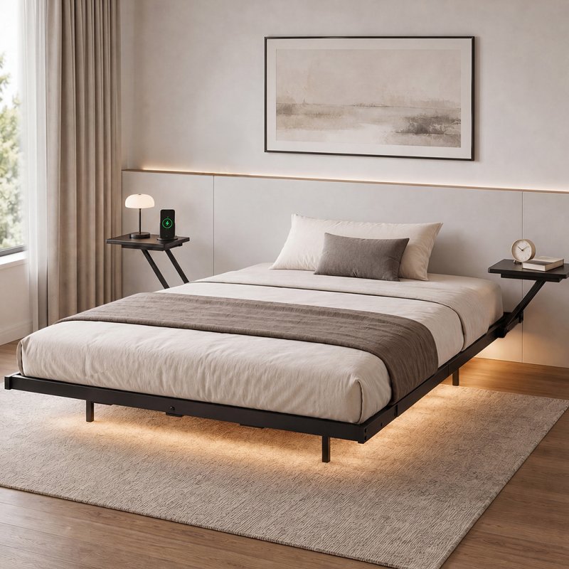Levede Double Bed Frame Floating Design with Storage Shelves RGB Lights Black