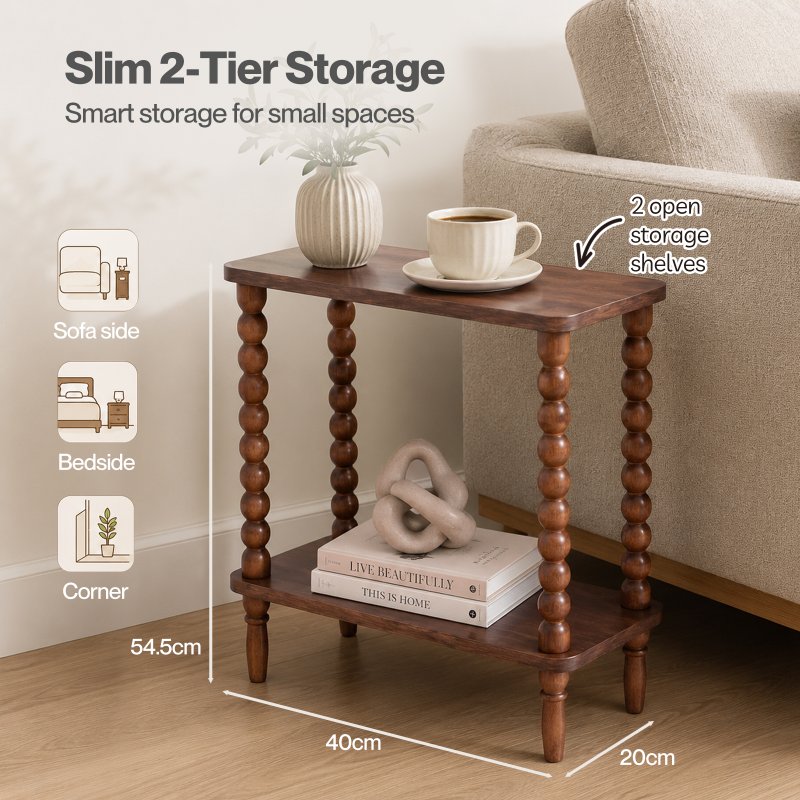 Levede Narrow Side Table 2 Tier Storage MDF End Table Rubber Wood Legs Brown