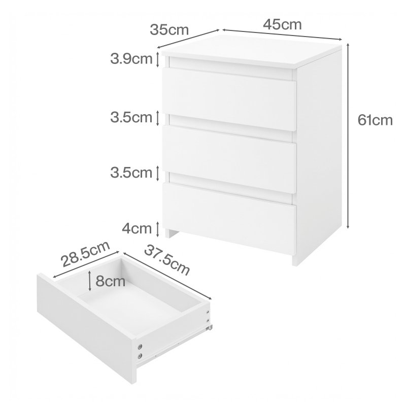 Levede Bedside Tables Side End Table White 3 Drawers Modern Storage Cabinet