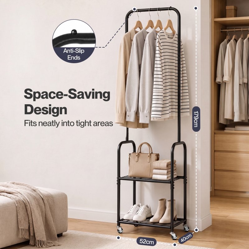Levede Clothes Rack Heavy Duty Garment Rack 2 Shelf Locking Wheels Bedroom Black
