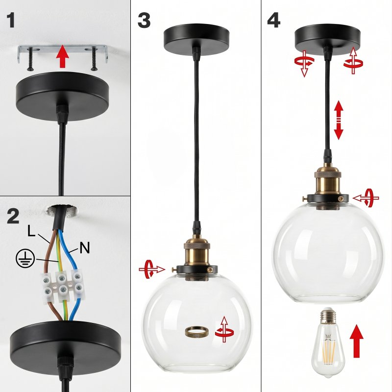 Emitto Ceiling Pendant Light Retro Industrial Glass LampShade Adjustable Cable