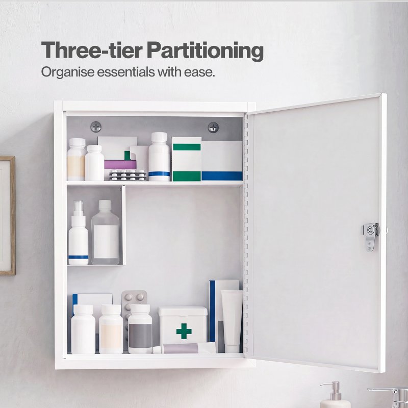 Levede Medicine Storage Box Lockable Steel Wall Cabinet 3-Tier White For Home Use