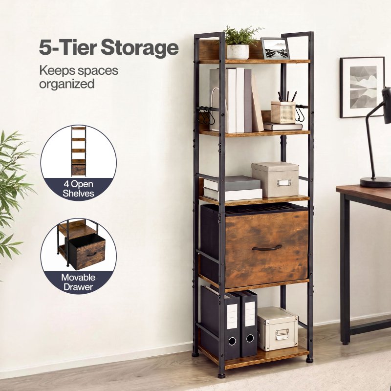 Levede Bookcase Drawer 5 Tier Slim Book Shelf Storage Unit Living Room Brown