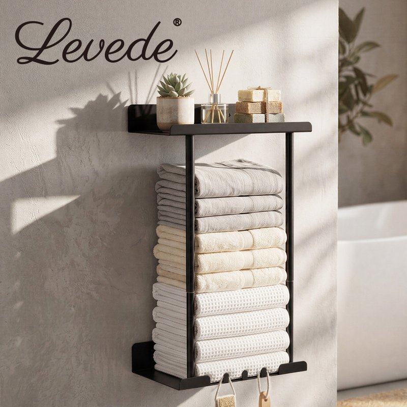 Levede Towel Rack Adjustable No Drilling Towel Holder Storage Wall Mounted Black
