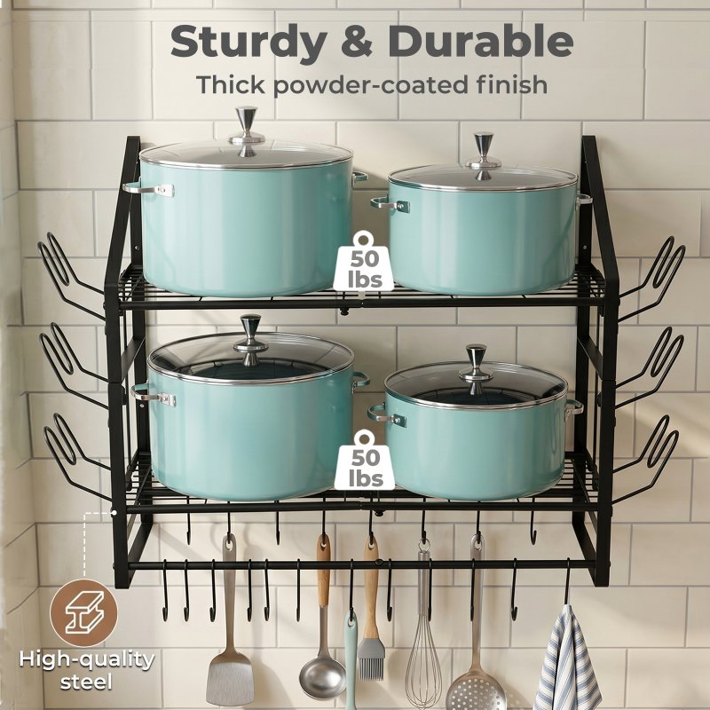 TOQUE Pot Rack Kitchen Storage Organiser Shelf Pan Rack 20 Hooks Lid Holders