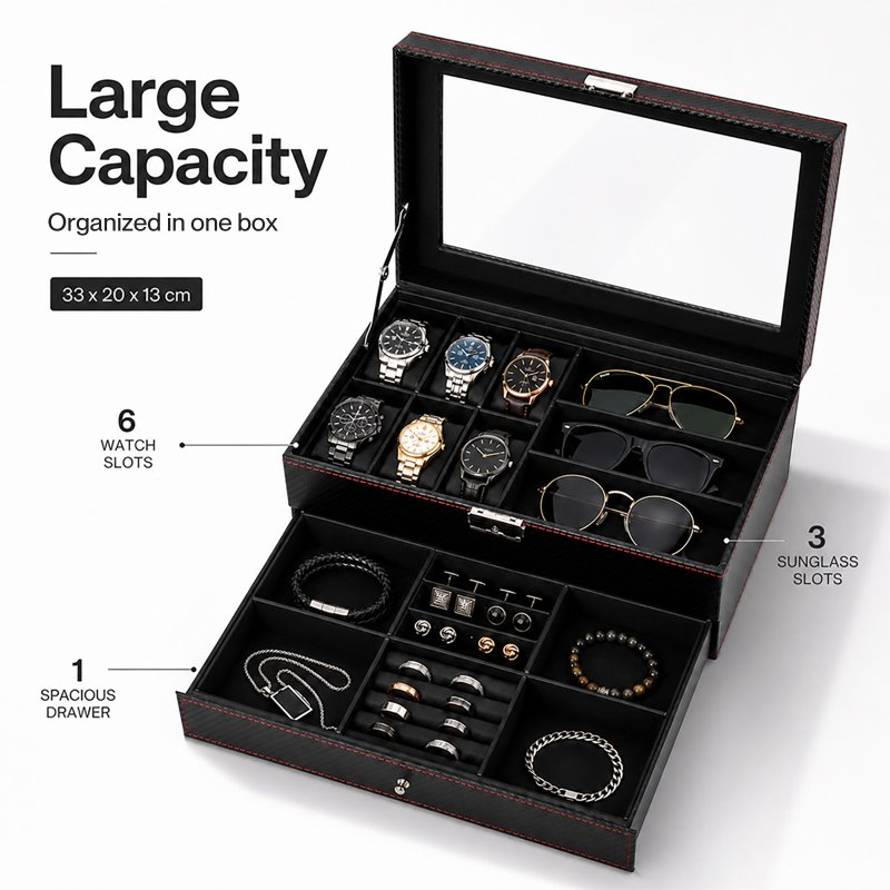 Watch Box Watch Storage Jewelry Box 2 Layer Glass Lid Lockable Display Black