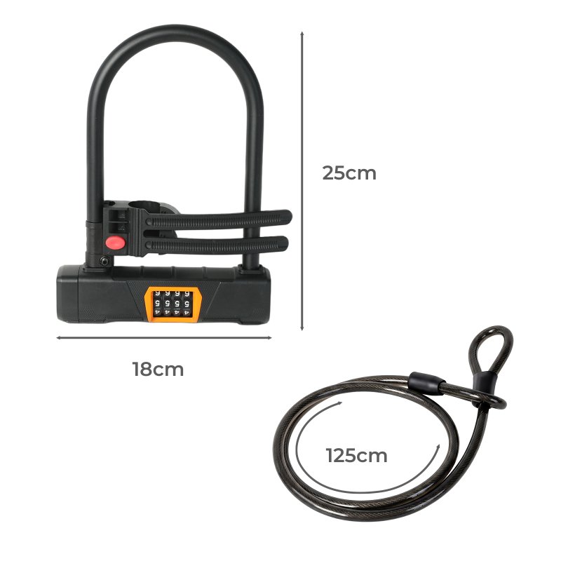 Bike Lock Combination, D Lock with Cable, 4 Digit Alloy Steel, Black Orange
