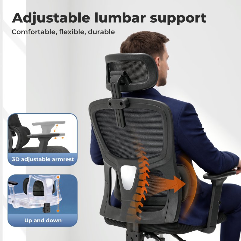 Office Computer Chair Mesh Ergonomic Lumbar Support Swivel with Armrest Headrest