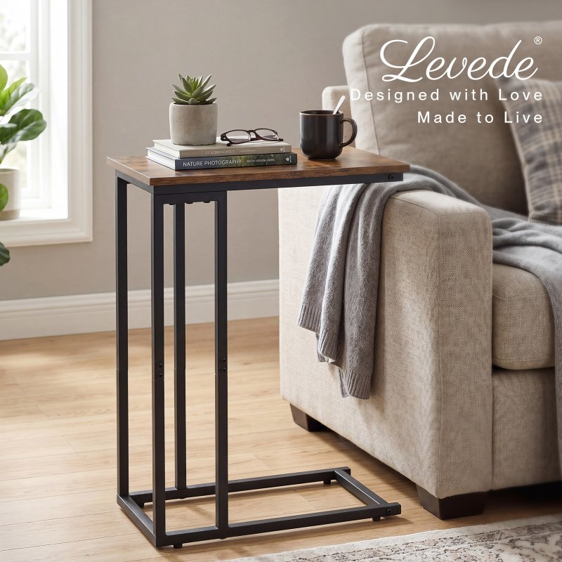 Levede Side Table C Shaped Space Saving for Sofa Bedroom Rustic Brown