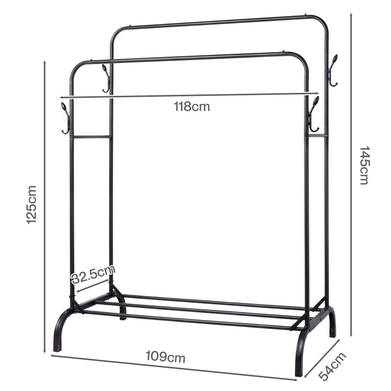 Levede Clothes Rail Heavy Duty 2 Rods Carbon Steel Rack with Shelf Bedroom Black