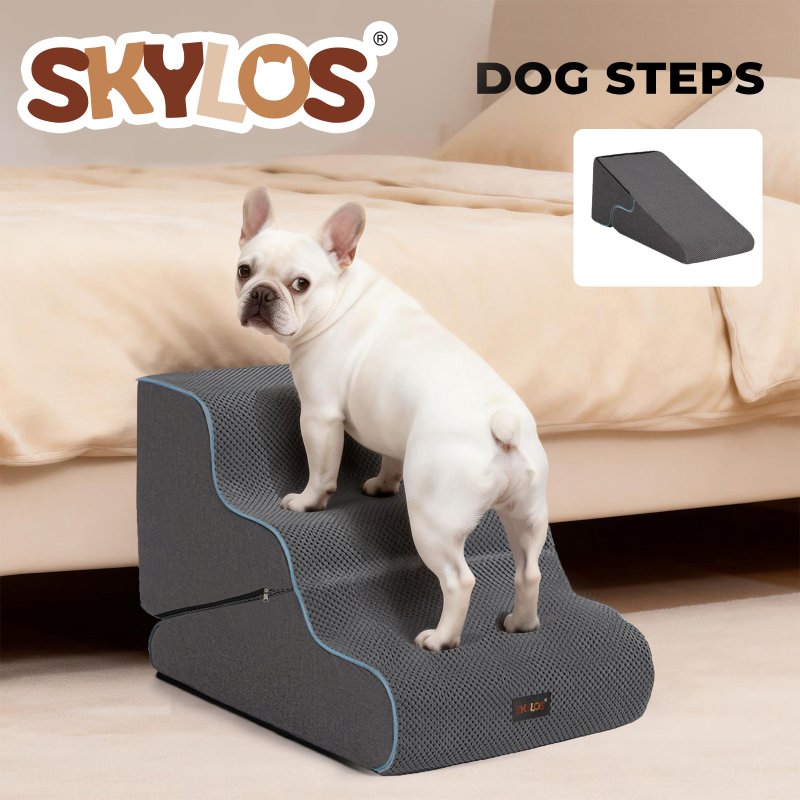 Skylos 2-in-1 Dog Steps for Bed,Adjustable 3-Steps High Density Foam Dog Ramp for Sofa