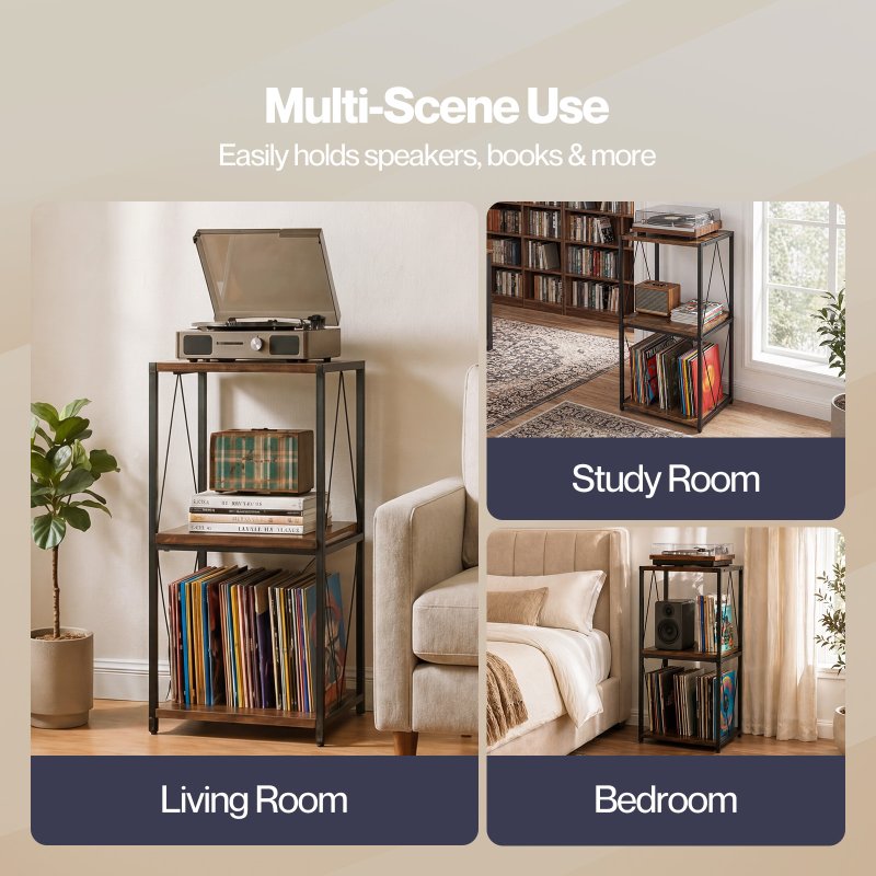 Levede Retro Record Player Stand 3 Tier Storage for Vinyl Records Brown
