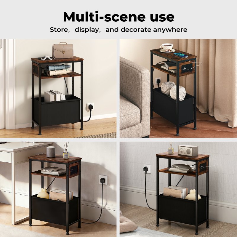 Slim Side Table with Charging Station Storage Narrow End Table Sofa Living Room