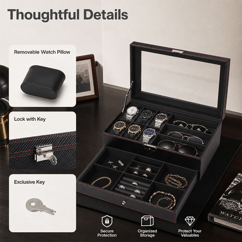 Watch Box Watch Storage Jewelry Box 2 Layer Glass Lid Lockable Display Black